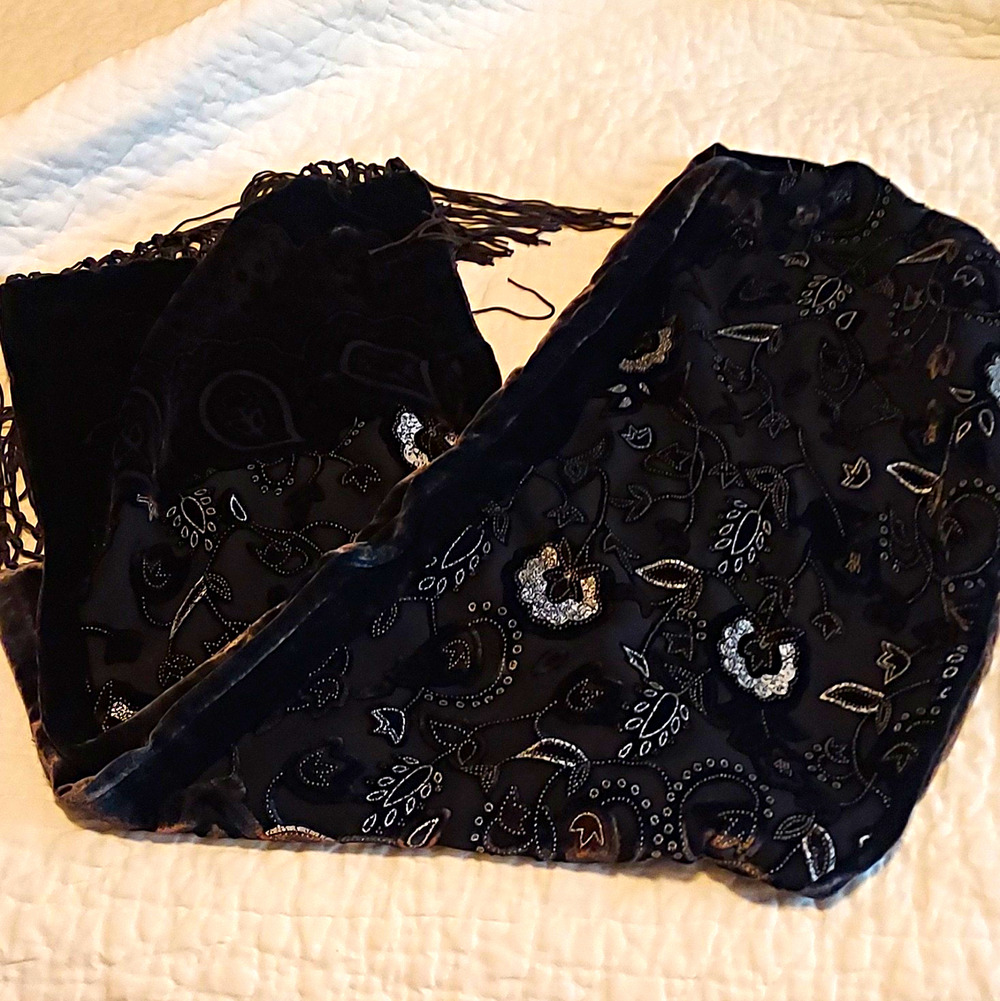 Black Velvet Floral Embroidered Beaded Fringe Rectangle Scarf 56" X 10" High end